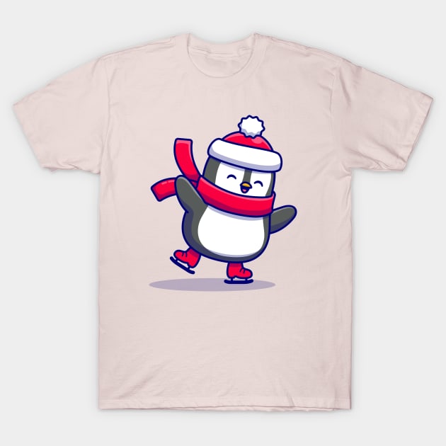 Cute Penguin Ice skating With Scarf Cartoon T-Shirt by Catalyst Labs